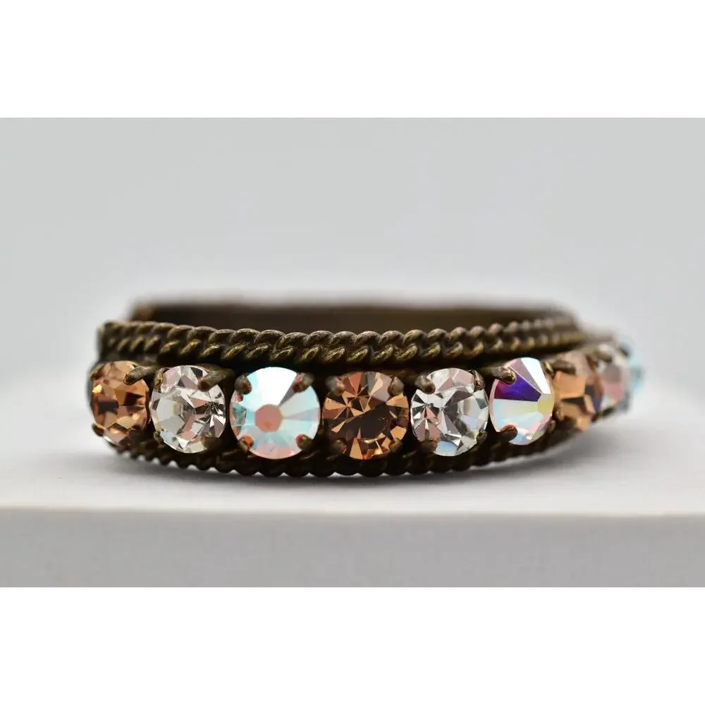 Sorrelli Vintage Crystal Cuff Bangle Aurora Borealis Chocolate Brass Signed BinO
